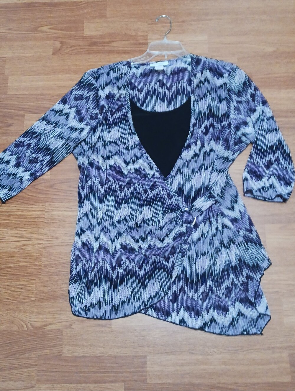 dressbarn Purple Black Patterned Wrap Blouse